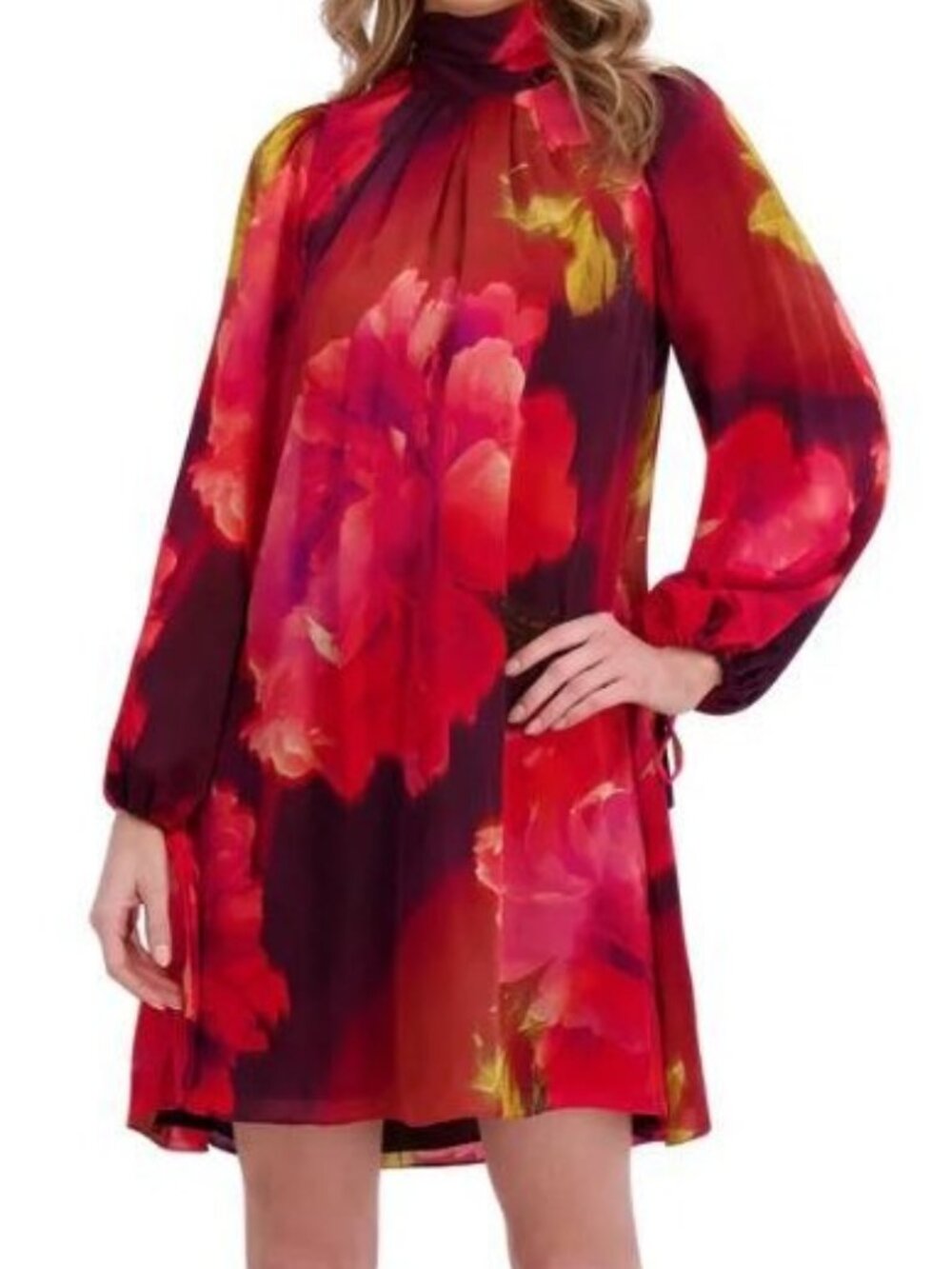Ted Baker Women's Mini Dress Sz S Red Floral Print Bow Neck Long-Sleeve Chiffon